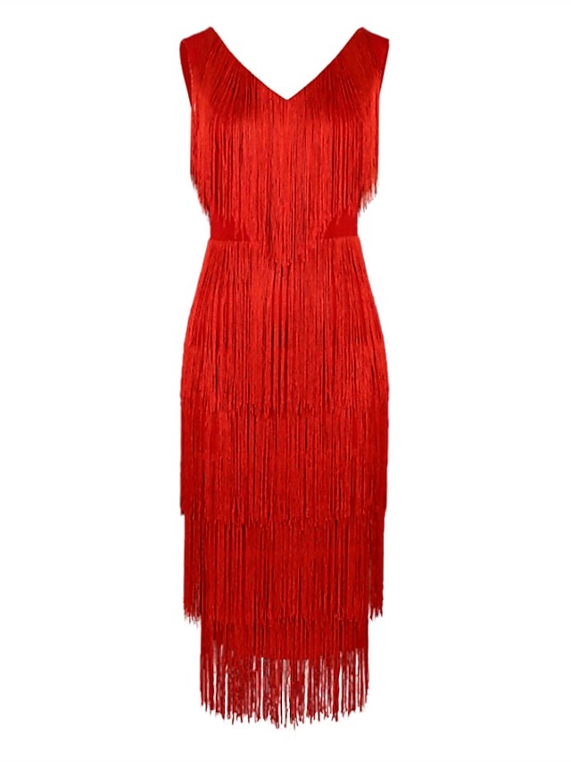 Women's Plus Size Sequin Dress Fringe Dress Party Dress Sparkly Dress V Neck Tassel Sleeveless Spring Fall Fashion Elegant Formal Midi Dress Evening