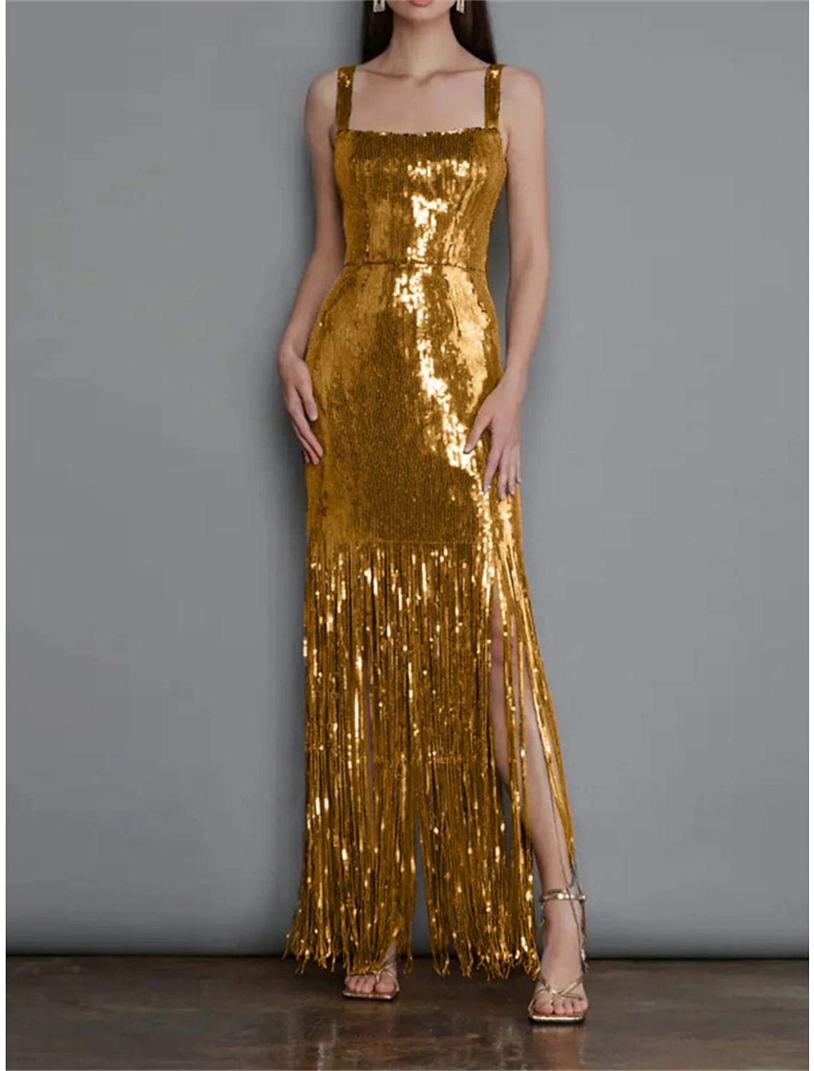 Women's Sequin Dress Fringe Dress Gold Dress Prom Dress Party Dress Sparkly Dress Long Dress Maxi Dress Sleeveless Spring Fall Winter Spaghetti Strap Fashion Birthday Evening