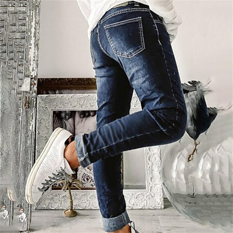 Women's Jeans Normal Cotton Blend Solid Color Dark Blue Basic High Waist Ankle-Length Casual Streetwear Spring, Fall, Winter, Summer