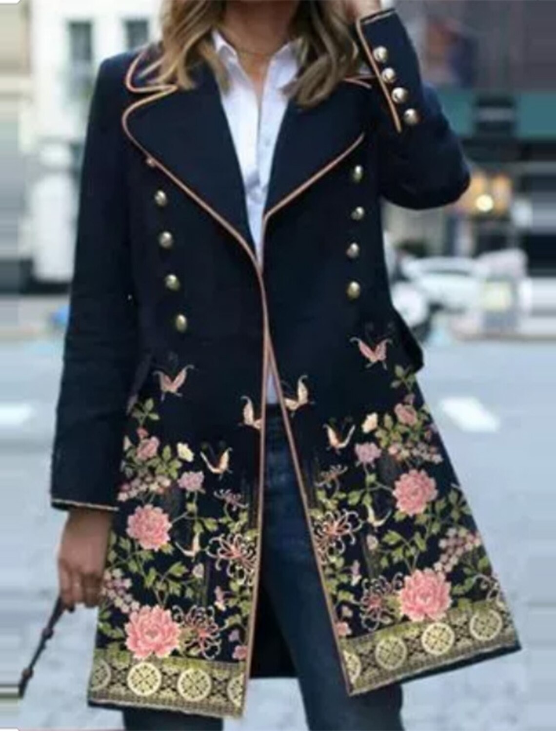 Women's Winter Coat Long Overcoat Floral Print Trench Coat Thermal Warm Pea Double Breasted Lapel Heated Coat Windproof Outerwear Long Sleeve Fall