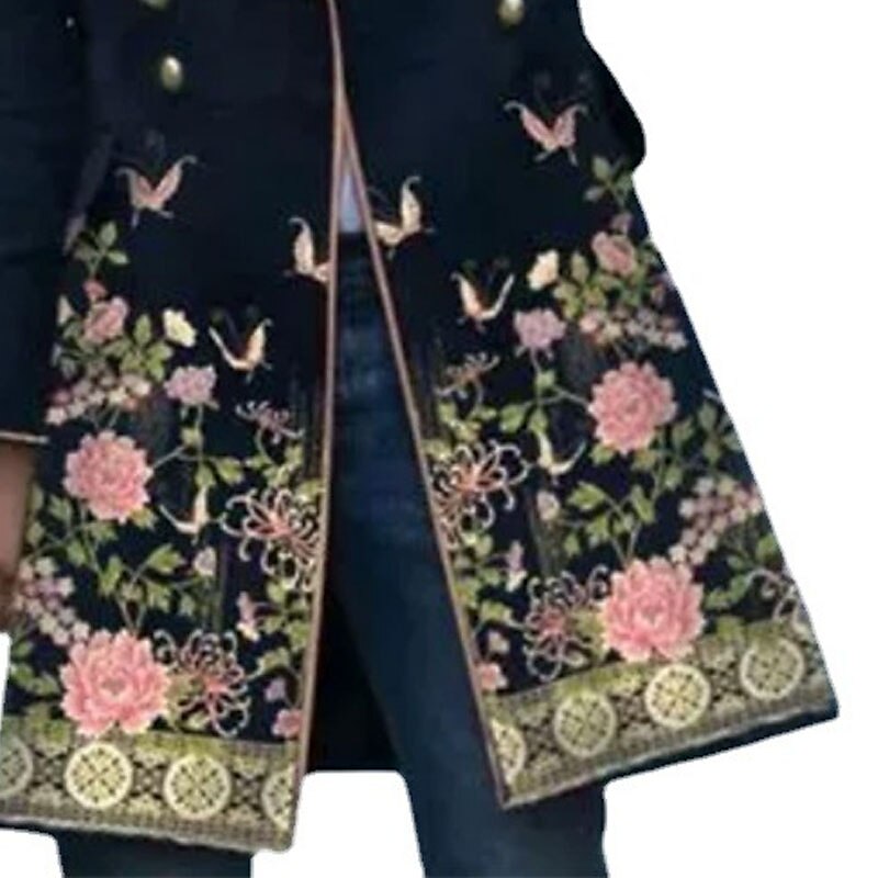 Women's Winter Coat Long Overcoat Floral Print Trench Coat Thermal Warm Pea Double Breasted Lapel Heated Coat Windproof Outerwear Long Sleeve Fall