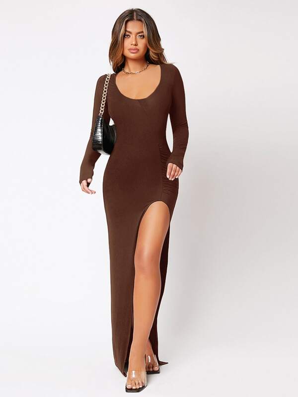 SXY Solid Split Thigh Scoop Neck Dress