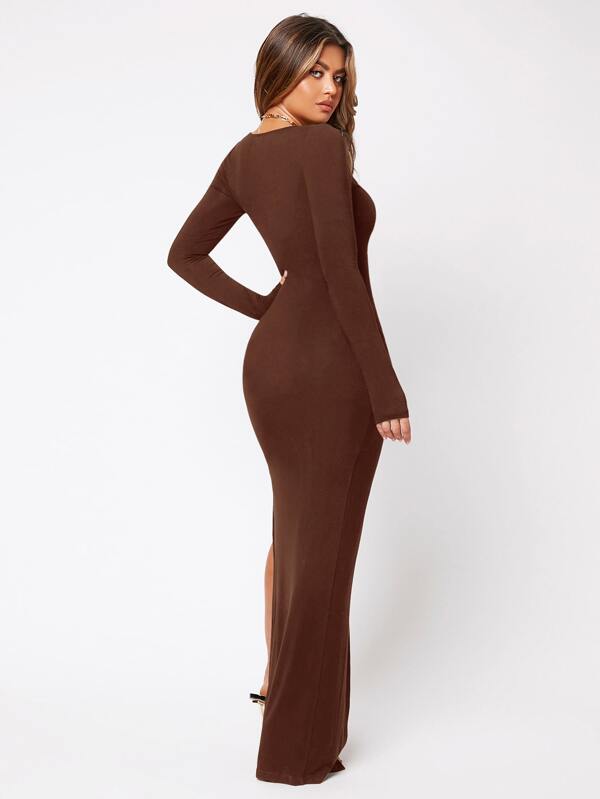 SXY Solid Split Thigh Scoop Neck Dress