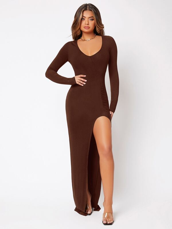 SXY Solid Split Thigh Scoop Neck Dress