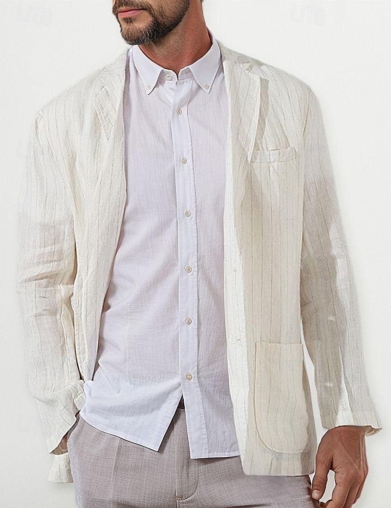 100% Linen Men's Linen Blazer Blazer Business Formal Evening Wedding Party Fashion Casual Spring & Fall Stripes Pocket Casual / Daily Single Breasted Blazer