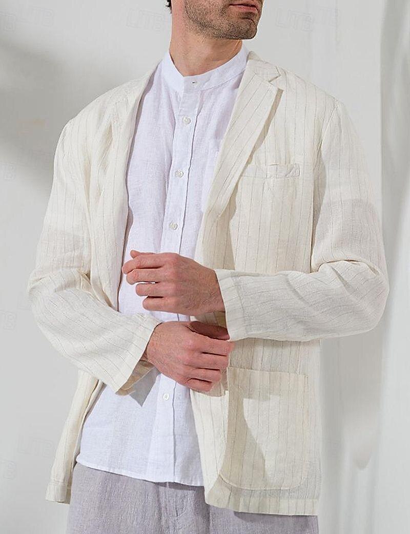 100% Linen Men's Linen Blazer Blazer Business Formal Evening Wedding Party Fashion Casual Spring & Fall Stripes Pocket Casual / Daily Single Breasted Blazer