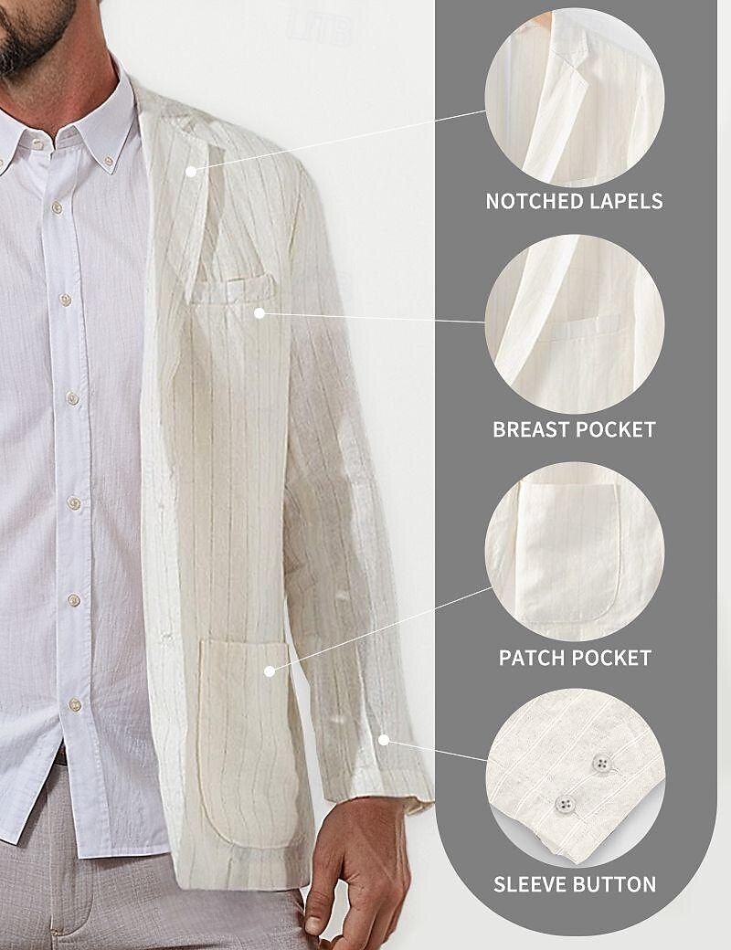 100% Linen Men's Linen Blazer Blazer Business Formal Evening Wedding Party Fashion Casual Spring & Fall Stripes Pocket Casual / Daily Single Breasted Blazer