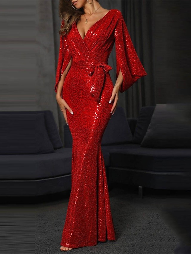 Women's Cocktail Party Dress Homecoming Dress Wedding Guest Dress Sequin Dress Long Dress Maxi Dress Red Long Sleeve Pure Color Lace up Autumn V Neck Stylish Evening Party 2023