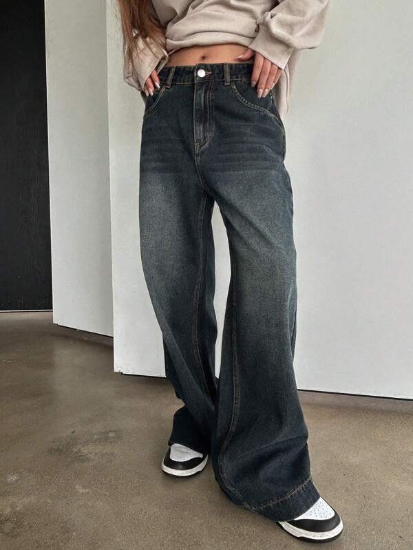 Solid Wide Leg Jeans