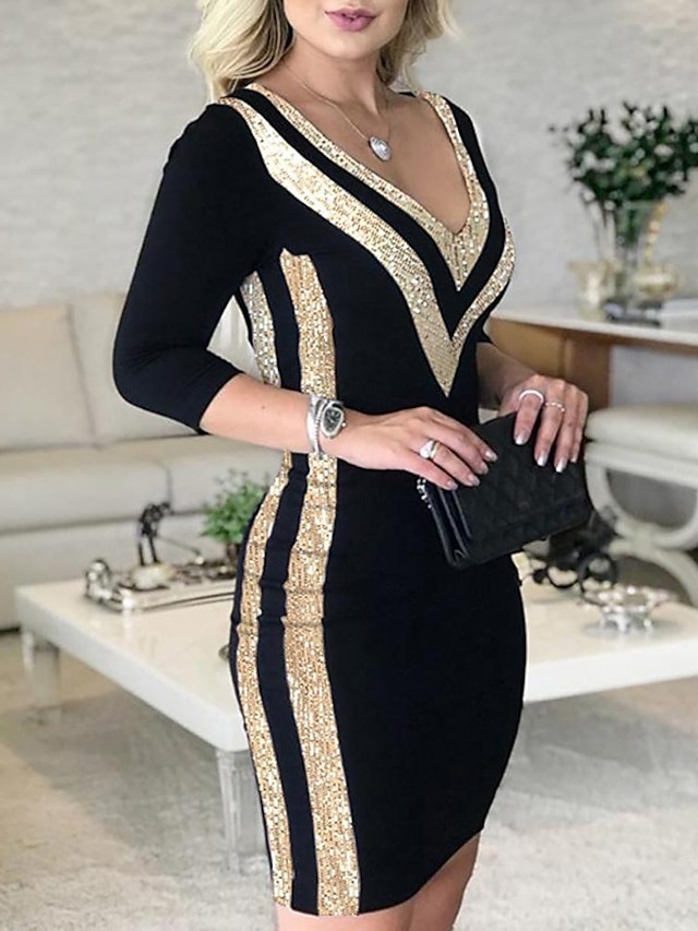 Women's Sequin Dress Party Dress Sparkly Dress Black Dress Cocktail Dress Black Bodycon Sheath Dress Midi Dress 3/4 Length Sleeve Color Block Fall Winter Autumn V Neck Stylish Party