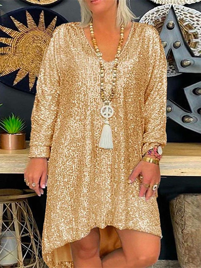 Women's Plus Size Sequin Dress Party Dress Sparkly Dress V Neck Long Sleeve Fall Spring Fashion Elegant Midi Dress Evening