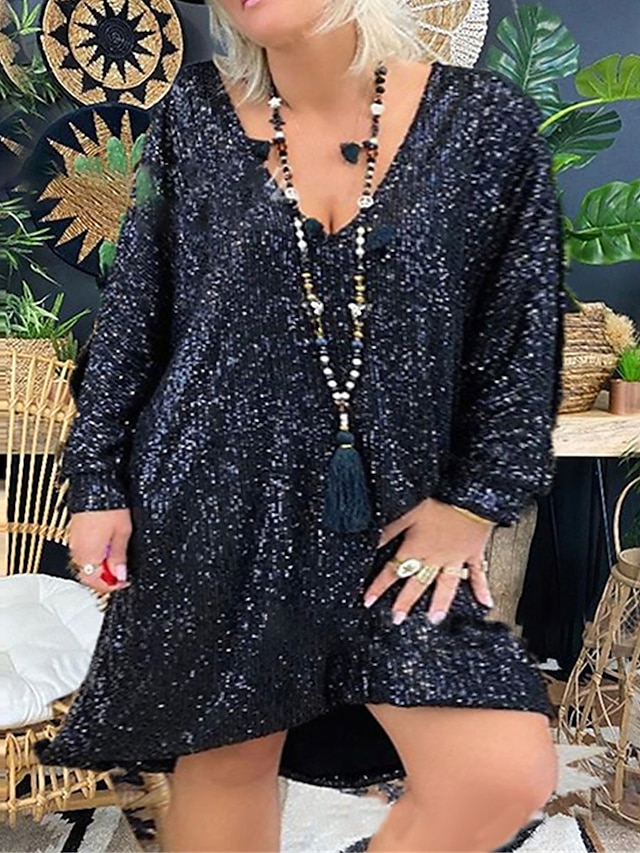 Women's Plus Size Sequin Dress Party Dress Sparkly Dress V Neck Long Sleeve Fall Spring Fashion Elegant Midi Dress Evening