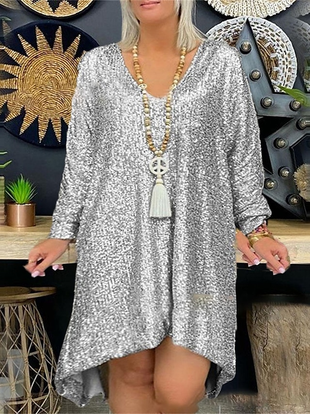 Women's Plus Size Sequin Dress Party Dress Sparkly Dress V Neck Long Sleeve Fall Spring Fashion Elegant Midi Dress Evening