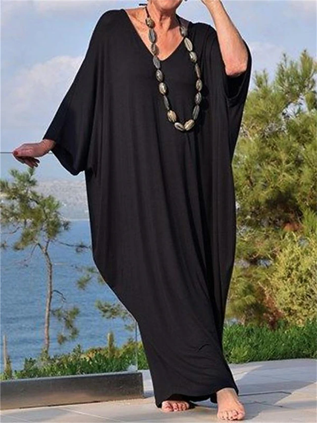 Women's Pure Color Kaftan Dress Casual Dress Swing Dress Long Dress Maxi Dress Black 3/4 Length Sleeve Fall Autumn V Neck Basic Weekend Loose Fit S M L XL XXL XXXL