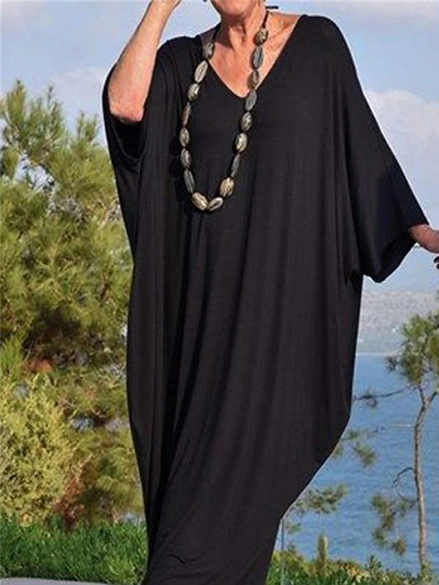 Women's Pure Color Kaftan Dress Casual Dress Swing Dress Long Dress Maxi Dress Black 3/4 Length Sleeve Fall Autumn V Neck Basic Weekend Loose Fit S M L XL XXL XXXL