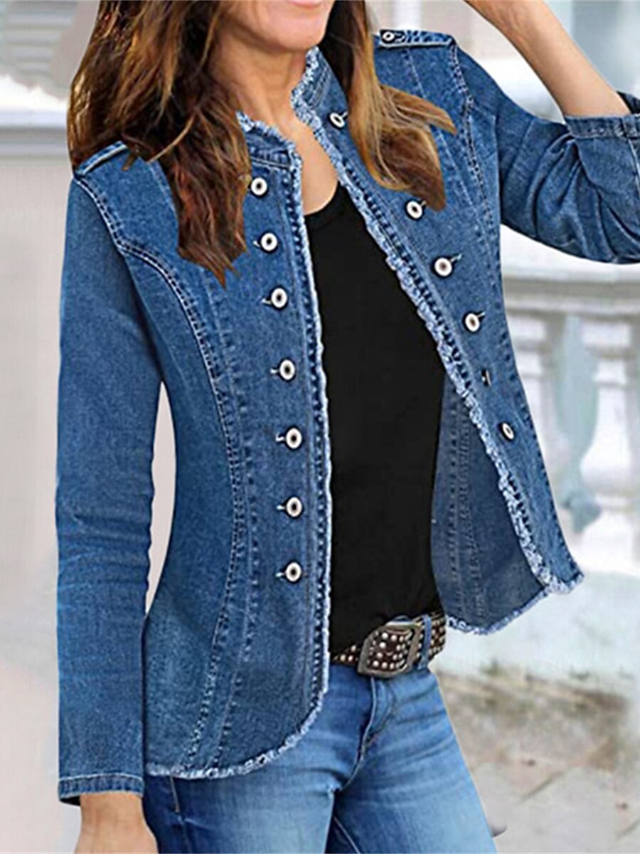 Women's Denim Jacket Outdoor clothing Button Plain Comfortable Streetwear Regular Fit Outerwear Long Sleeve Spring Blue S