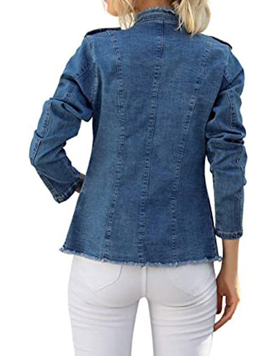 Women's Denim Jacket Outdoor clothing Button Plain Comfortable Streetwear Regular Fit Outerwear Long Sleeve Spring Blue S