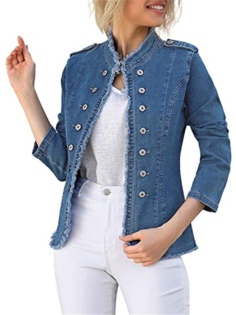 Women's Denim Jacket Outdoor clothing Button Plain Comfortable Streetwear Regular Fit Outerwear Long Sleeve Spring Blue S