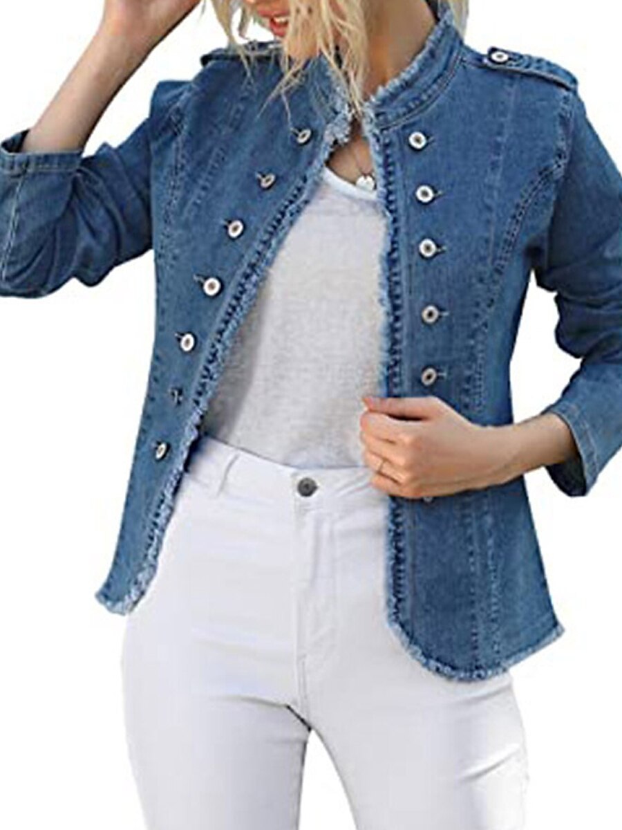 Women's Denim Jacket Outdoor clothing Button Plain Comfortable Streetwear Regular Fit Outerwear Long Sleeve Spring Blue S