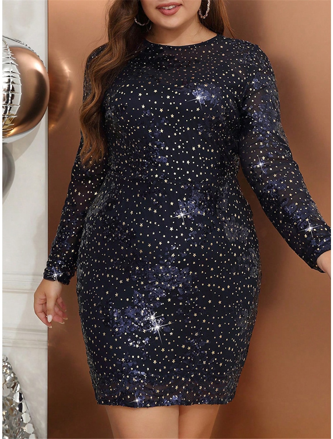 Women's Plus Size Sequin Dress Fringe Dress Party Dress Sparkly Dress Mini Dress Navy Blue Long Sleeve Spring Fall Winter Crew Neck Fashion Winter Dress Vacation