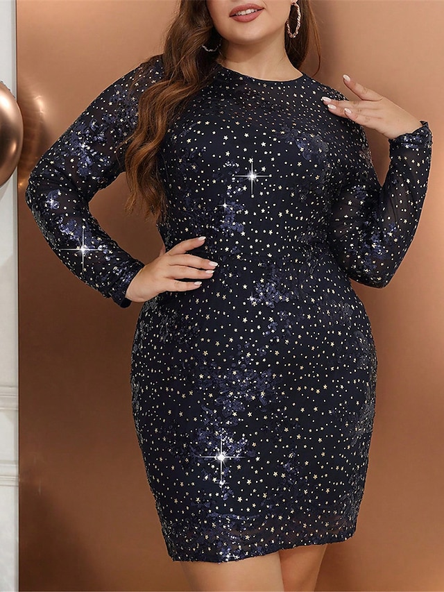 Women's Plus Size Sequin Dress Fringe Dress Party Dress Sparkly Dress Mini Dress Navy Blue Long Sleeve Spring Fall Winter Crew Neck Fashion Winter Dress Vacation