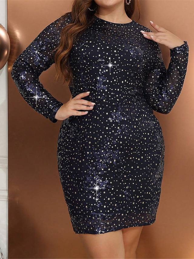 Women's Plus Size Sequin Dress Fringe Dress Party Dress Sparkly Dress Mini Dress Navy Blue Long Sleeve Spring Fall Winter Crew Neck Fashion Winter Dress Vacation