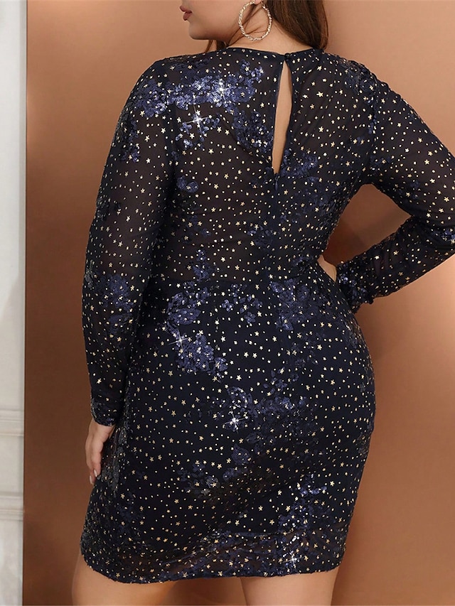 Women's Plus Size Sequin Dress Fringe Dress Party Dress Sparkly Dress Mini Dress Navy Blue Long Sleeve Spring Fall Winter Crew Neck Fashion Winter Dress Vacation