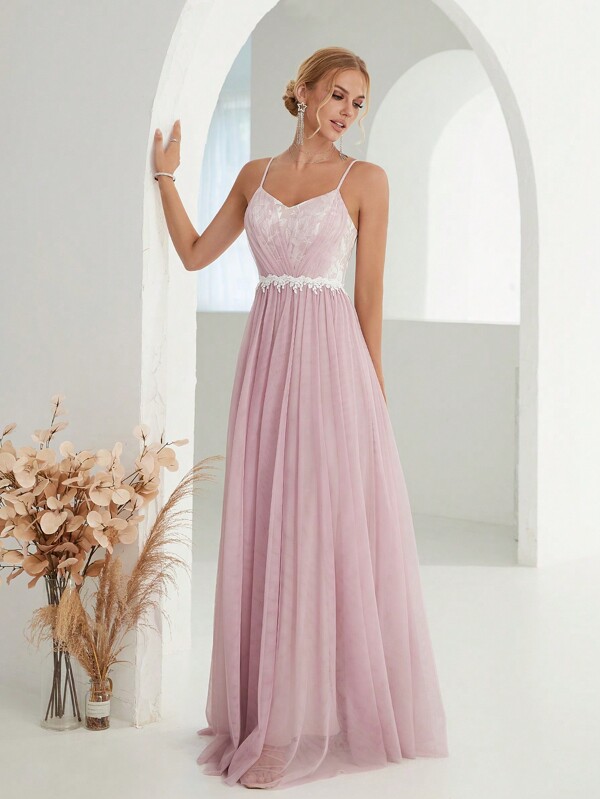 Floral Embroidery Mesh Overlay Cami Bridesmaid Dress