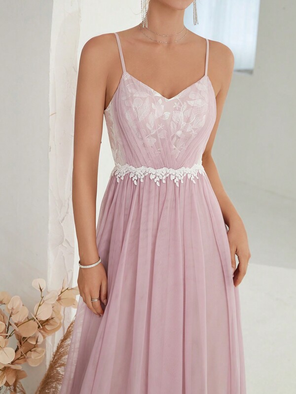 Floral Embroidery Mesh Overlay Cami Bridesmaid Dress