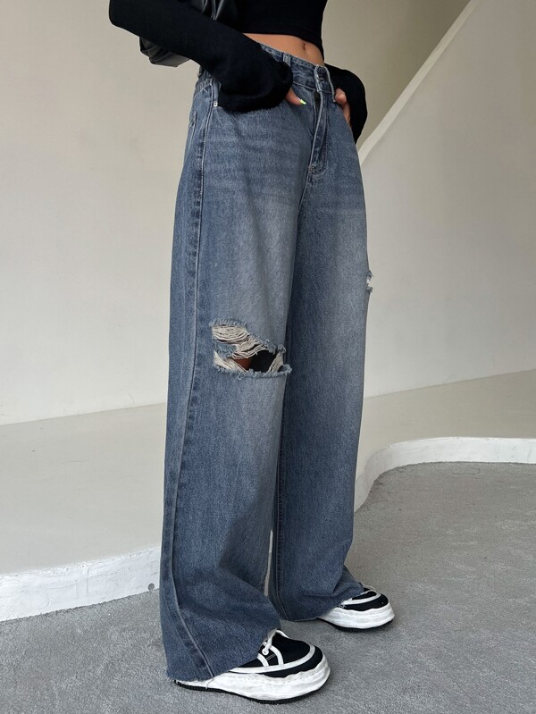 Ripped Raw Trim Moustache Effect Wide Leg Jeans