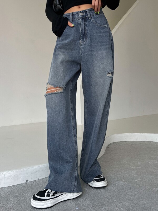 Ripped Raw Trim Moustache Effect Wide Leg Jeans