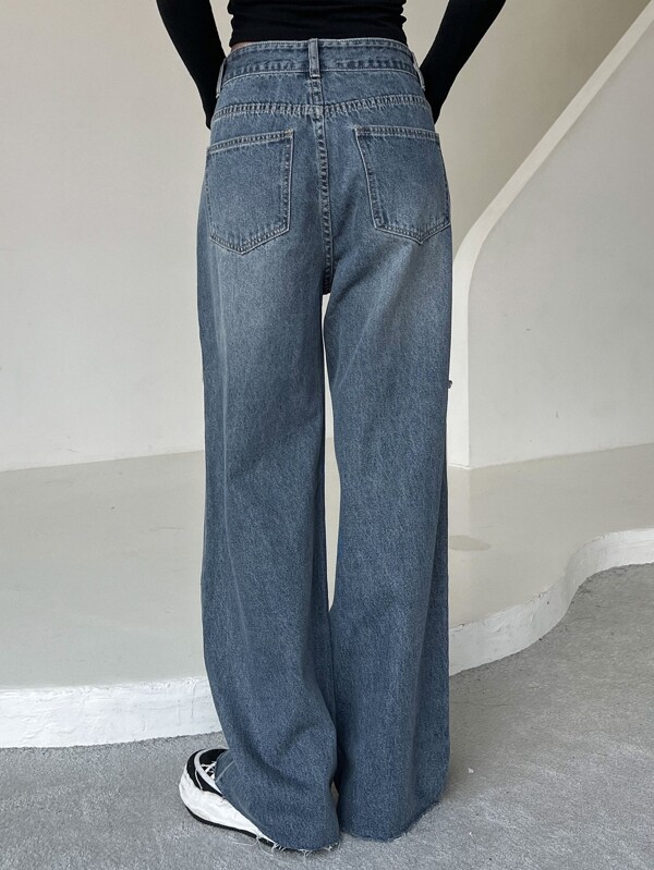 Ripped Raw Trim Moustache Effect Wide Leg Jeans