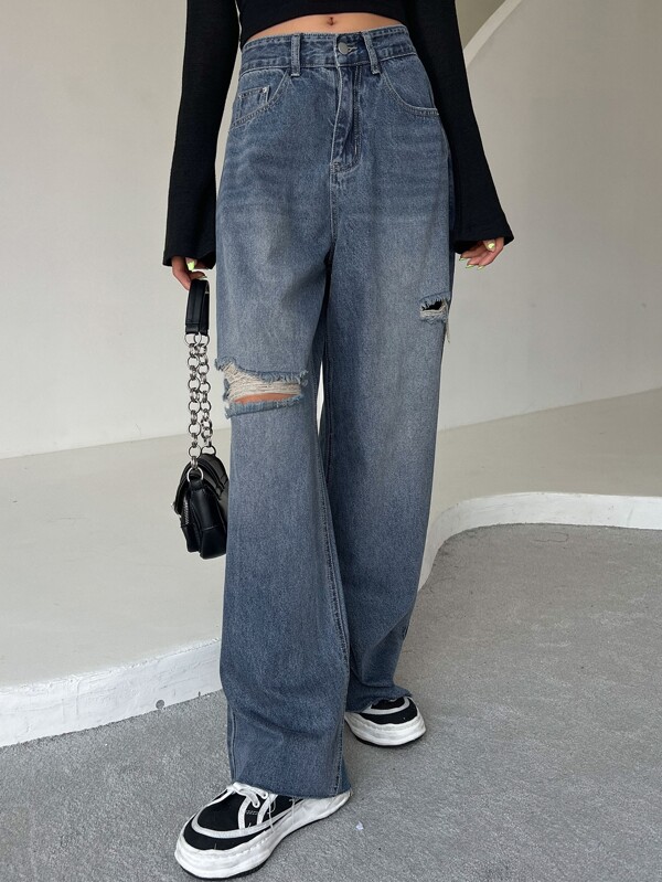 Ripped Raw Trim Moustache Effect Wide Leg Jeans