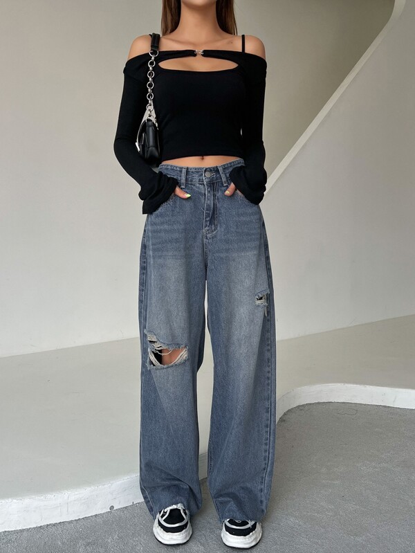 Ripped Raw Trim Moustache Effect Wide Leg Jeans