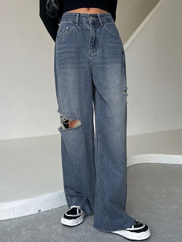 Ripped Raw Trim Moustache Effect Wide Leg Jeans