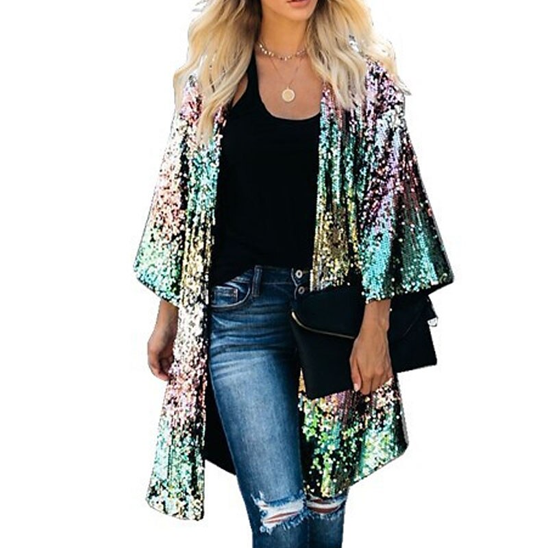 Women's Casual Jacket Outdoor Street Daily Spring Summer Long Coat V Neck Regular Fit Breathable Streetwear Casual Jacket 3/4 Length Sleeve Color Gradient Sequins Embroidered Green