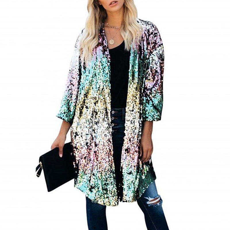 Women's Casual Jacket Outdoor Street Daily Spring Summer Long Coat V Neck Regular Fit Breathable Streetwear Casual Jacket 3/4 Length Sleeve Color Gradient Sequins Embroidered Green