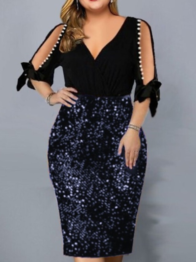 Women's Plus Size Sequin Dress Party Dress Sparkly Dress Solid Color V Neck Half Sleeve Spring Fall Stylish Prom Dress Midi Dress Club Dress Sheath Dress