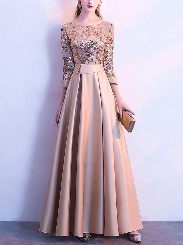 Women's Sequin Dress Rose Gold Dress Prom Dress Party Dress Sparkly Dress Swing Dress Maxi long Dress Silver Champagne Dark Blue 3/4 Length Sleeve Color Block Winter Fall Spring Crew Neck