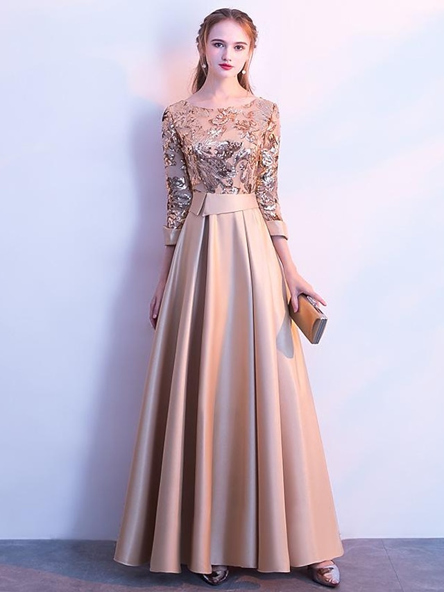 Women's Sequin Dress Rose Gold Dress Prom Dress Party Dress Sparkly Dress Swing Dress Maxi long Dress Silver Champagne Dark Blue 3/4 Length Sleeve Color Block Winter Fall Spring Crew Neck