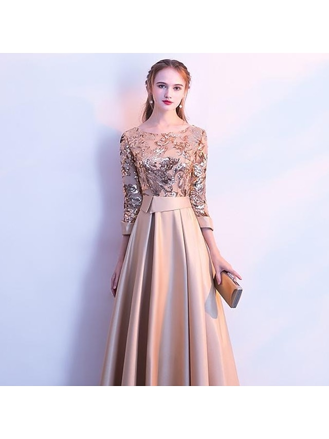 Women's Sequin Dress Rose Gold Dress Prom Dress Party Dress Sparkly Dress Swing Dress Maxi long Dress Silver Champagne Dark Blue 3/4 Length Sleeve Color Block Winter Fall Spring Crew Neck