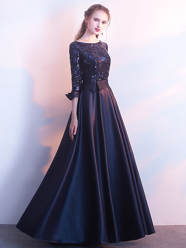 Women's Sequin Dress Rose Gold Dress Prom Dress Party Dress Sparkly Dress Swing Dress Maxi long Dress Silver Champagne Dark Blue 3/4 Length Sleeve Color Block Winter Fall Spring Crew Neck