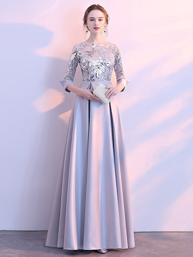 Women's Sequin Dress Rose Gold Dress Prom Dress Party Dress Sparkly Dress Swing Dress Maxi long Dress Silver Champagne Dark Blue 3/4 Length Sleeve Color Block Winter Fall Spring Crew Neck