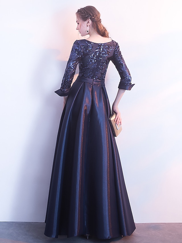 Women's Sequin Dress Rose Gold Dress Prom Dress Party Dress Sparkly Dress Swing Dress Maxi long Dress Silver Champagne Dark Blue 3/4 Length Sleeve Color Block Winter Fall Spring Crew Neck