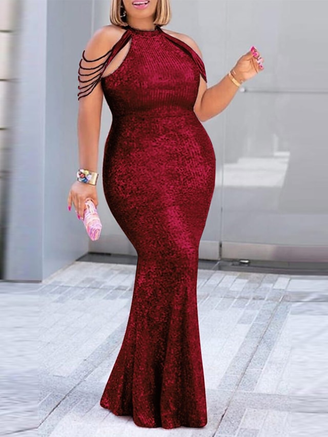 Women's Plus Size Pink Sequin Dress Prom Dress Party Dress Sparkly Dress Solid Color Turtleneck Sleeveless Spring Fall Elegant Formal Maxi long Dress Formal