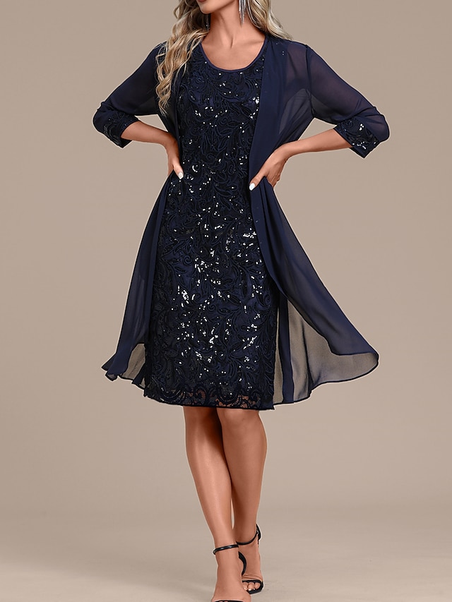 Women's Sequin Dress Party Dress Sparkly Dress Two Piece Dress Set Lace Dress Daily Vacation Fashion Mature Mesh Sequin Midi Dress Crew Neck Long Sleeve Plain Regular Fit Navy Blue Spring Fall