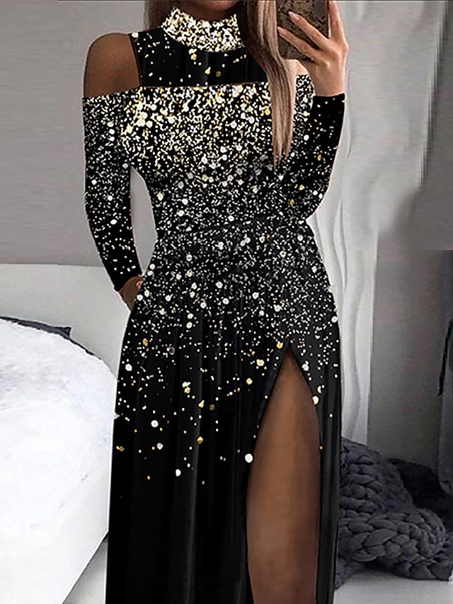 Women's Black Dress Prom Dress Party Dress Sequin Dress Sheath Dress Long Dress Maxi Dress Black Long Sleeve Pure Color Sequins Fall Winter Autumn High Neck Fashion Evening Party Vacation