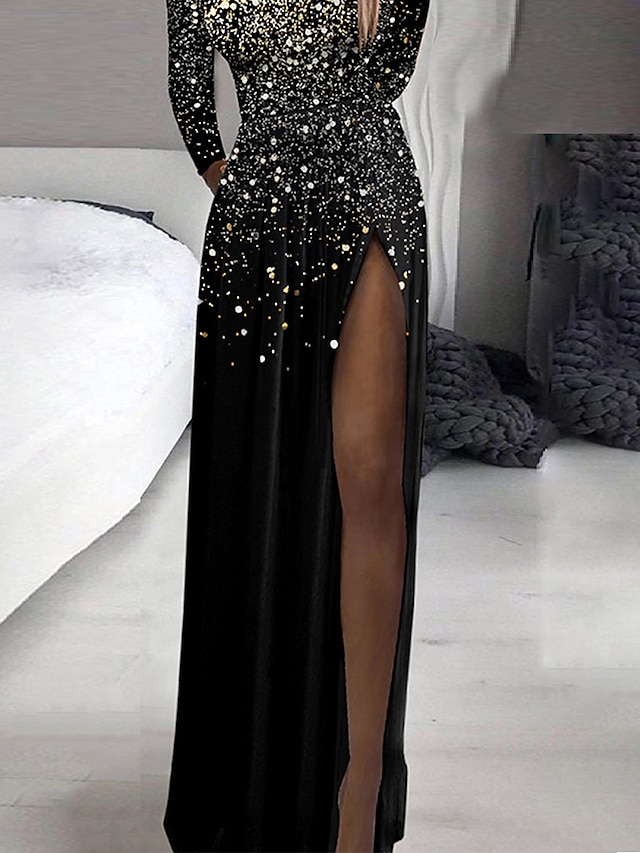 Women's Black Dress Prom Dress Party Dress Sequin Dress Sheath Dress Long Dress Maxi Dress Black Long Sleeve Pure Color Sequins Fall Winter Autumn High Neck Fashion Evening Party Vacation