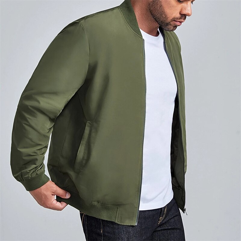 Denim Vintage Casual Men's Bomber Jacket Coat Daily Wear Vacation Going out Fall & Winter Standing Collar Long Sleeve Army Green XS S M Polyester Jacket