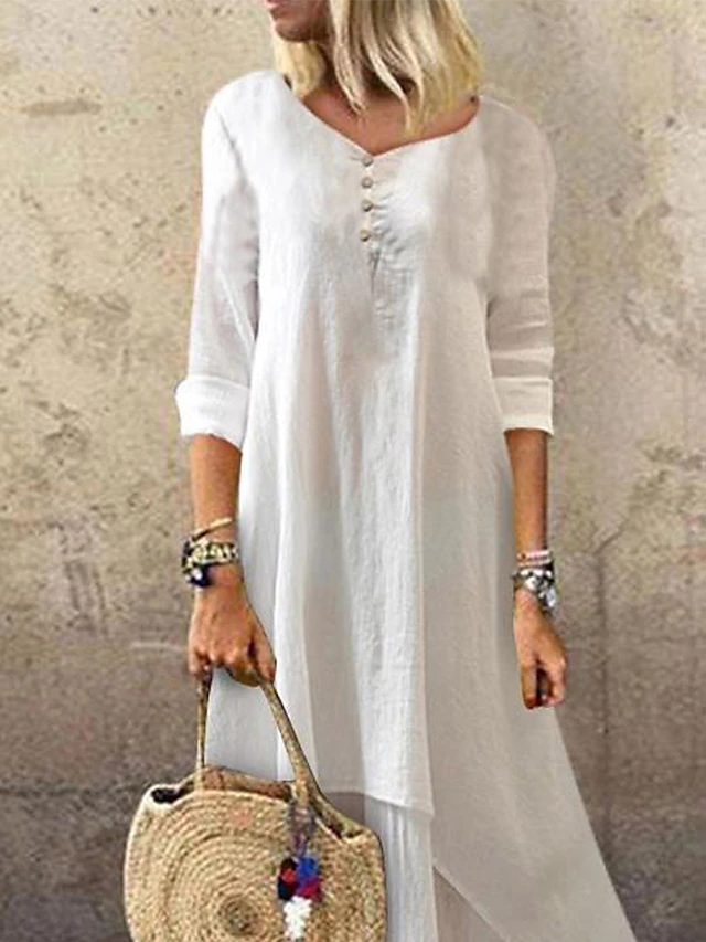 Women's Cotton Linen Dress Casual Dress Swing Dress Maxi long Dress Cotton Blend Basic Casual Outdoor Daily V Neck Ruched Layered Half Sleeve Summer Spring Fall 2023 Loose Fit White Plain S M L XL 2XL